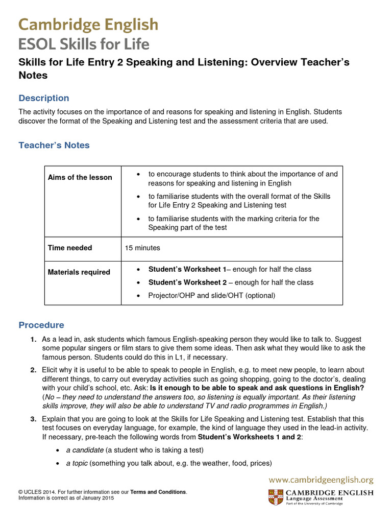 Skills For Life Entry 2 From 2015 Speaking and Listening Overview ...