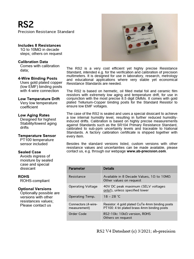 RS2 Precision Resistance Standard Datasheet | PDF | Resistor ...