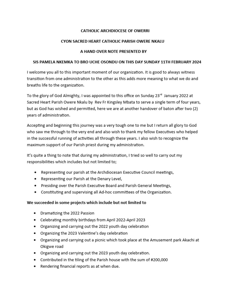 Church Handover Note by Sis Pamela Nkemka | PDF | Lifestyle