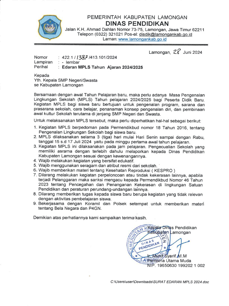 Surat Edaran MPLS 2024 | PDF