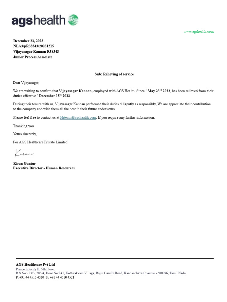 Relieving Letter for Vijayasagar Kannan | PDF