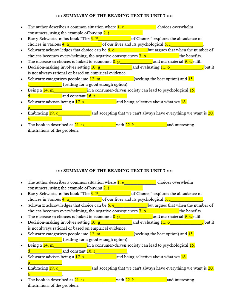 Summary of The Reading Text in Unit 7 | PDF | Choice | Decision Making