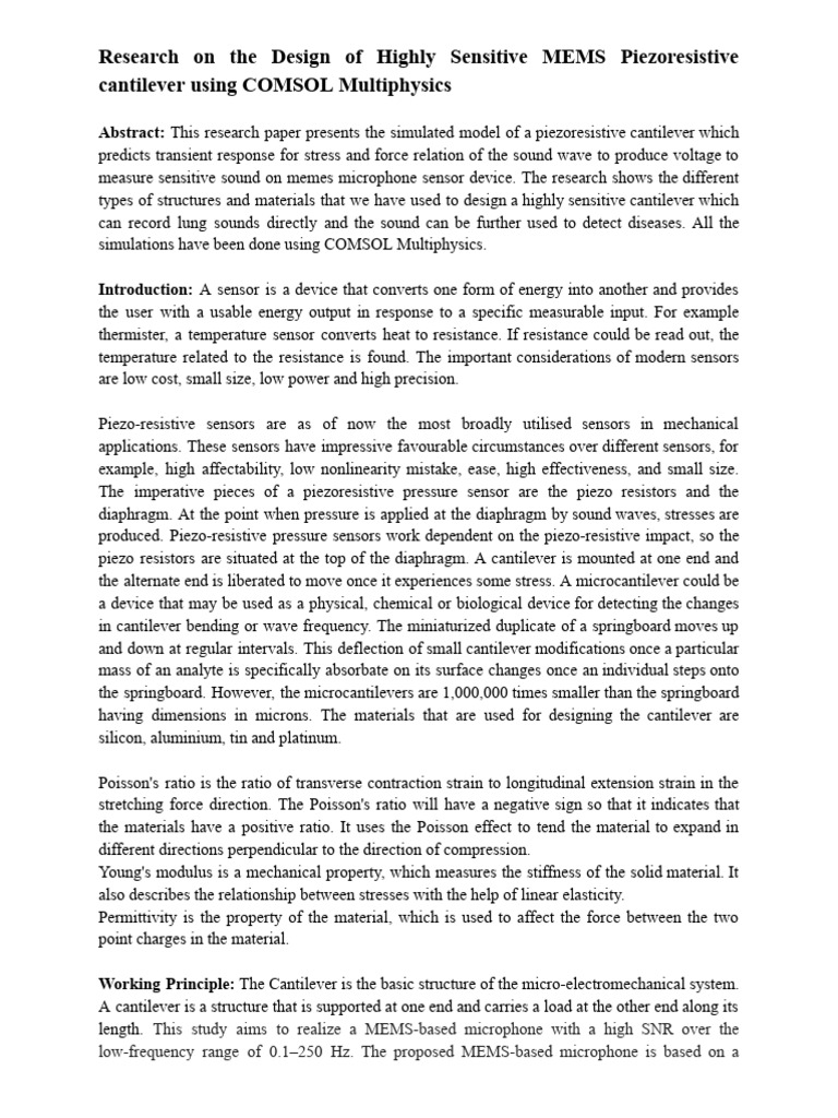 MEMS Piezoresistive Cantilever Design | PDF | Sensor | Materials Science