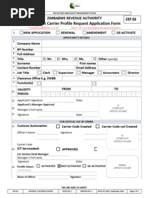 ASYCUDA Carrier Profile Request Application Form Word