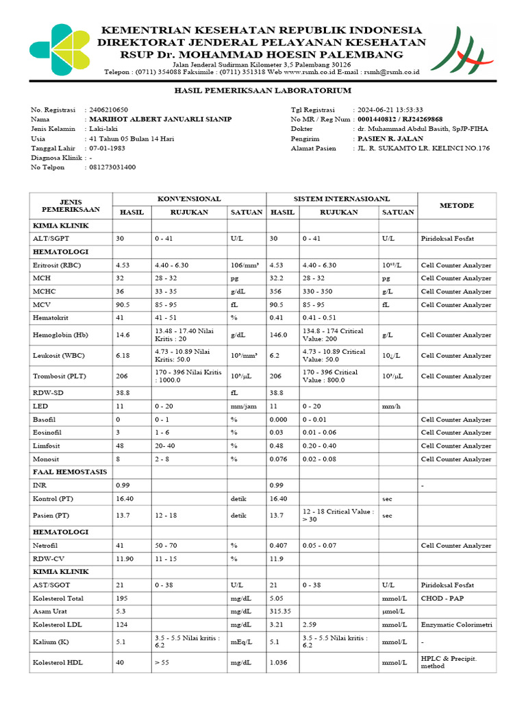 Hasil Lab Pasien RSMH Palembang | PDF
