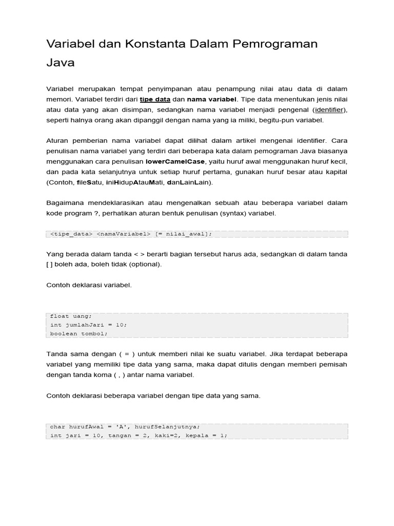 Variabel dan Konstanta dalam Java | PDF