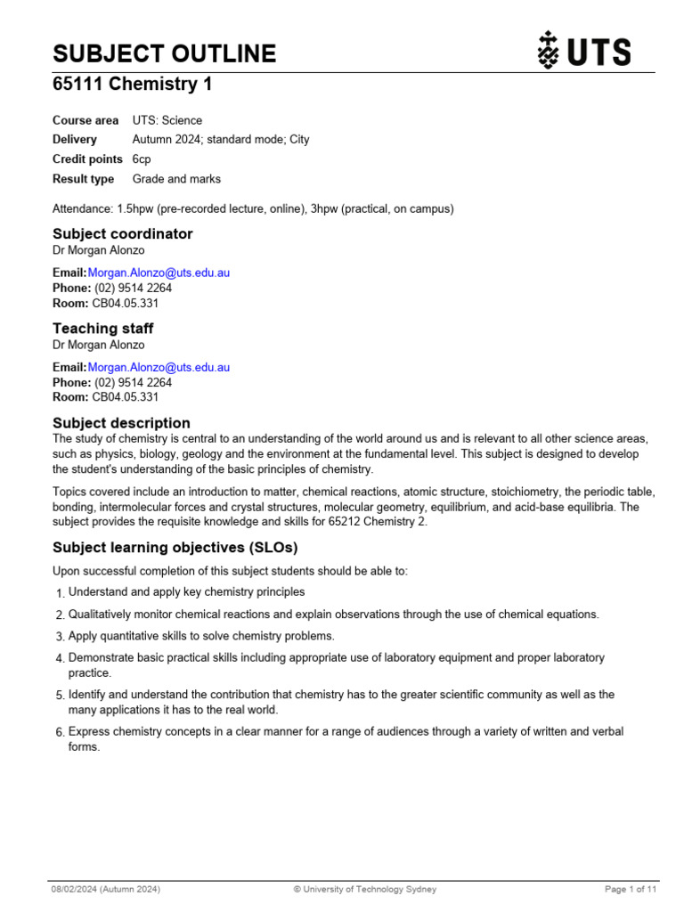 UTS Chemistry 1 Subject Outline | PDF | Chemistry | Chemical Bond