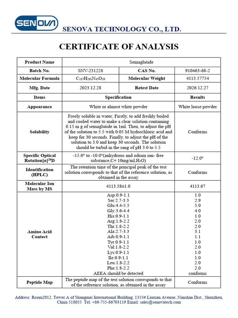 semaglutide msds Storage Guide: Does It Need to Be Refrigerated? Semaglutide COA from Senova Technology