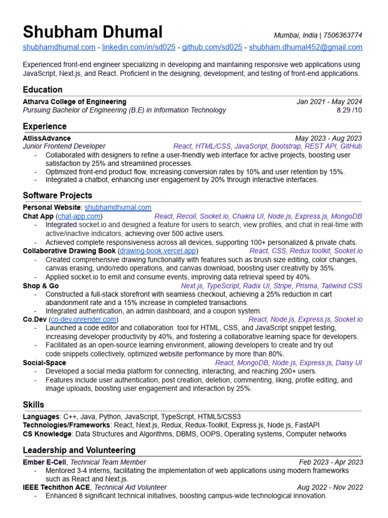 Front-End Engineer Portfolio: Shubham Dhumal | PDF | Java Script | Websites