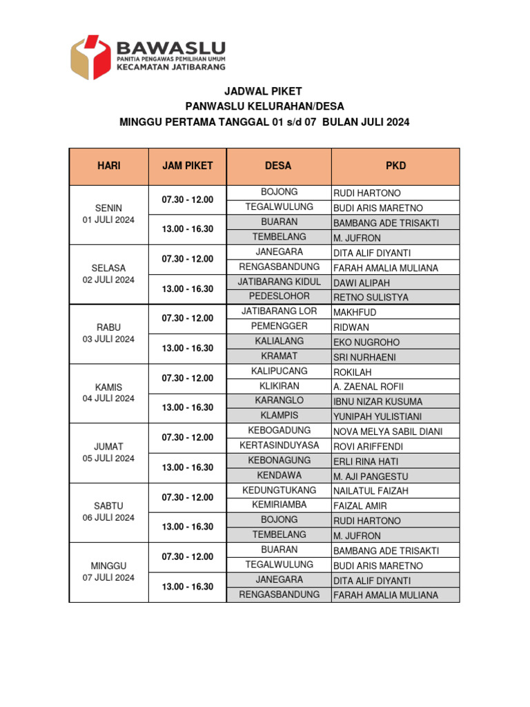 Jadwal Piket Bulan Juli 2024 Fix Pdf