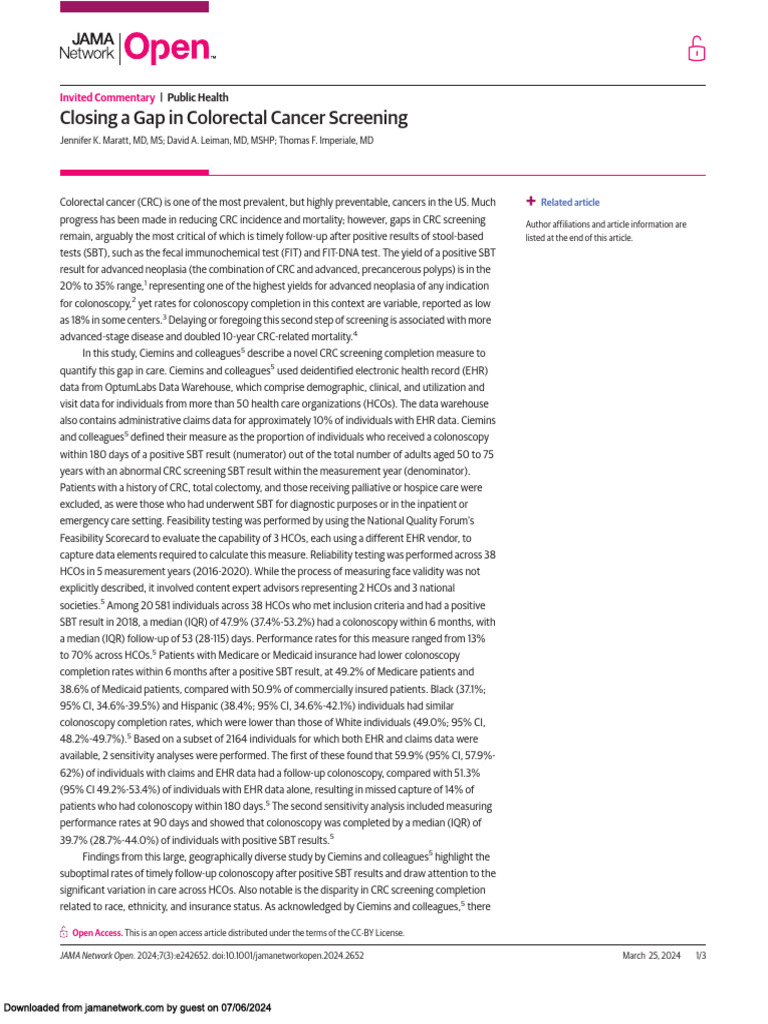 Closing A Gap in Colorectal Cancer Screening - Maratt, Leiman, and ...