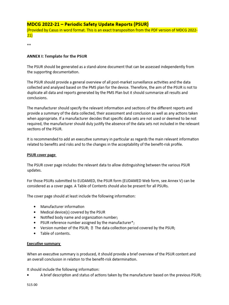 MDCG 2022-21 PSUR Guidance Document | PDF | Medical Device | Risk