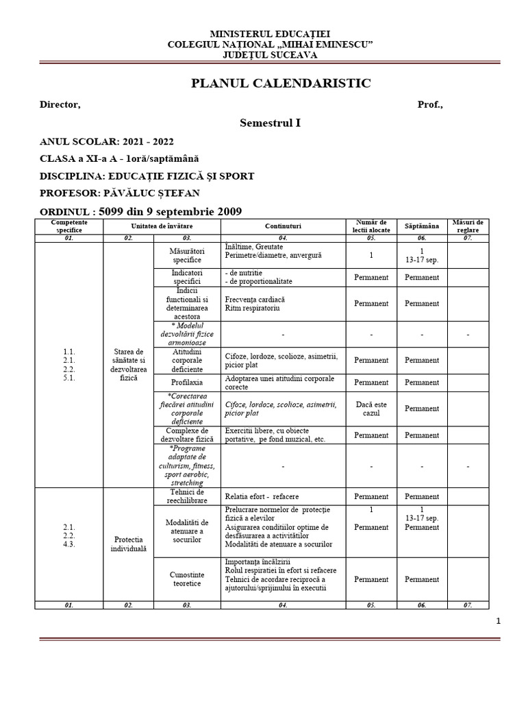 Clasa XI A - EFS - Planul Calendaristic Semestrial | PDF