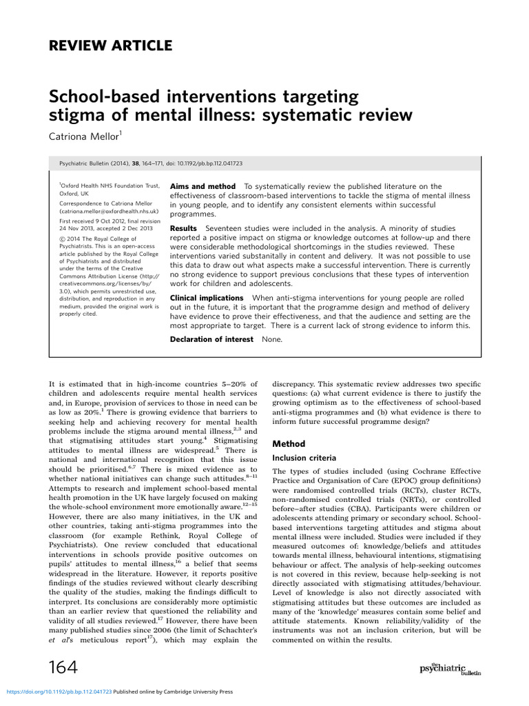 School Based Interventions Targeting Stigma of Mental Illness ...