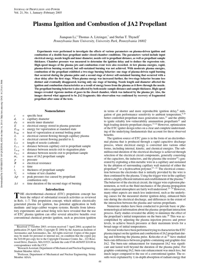 Plasma Combustion of JA2 Propellant | PDF | Combustion | Pressure ...