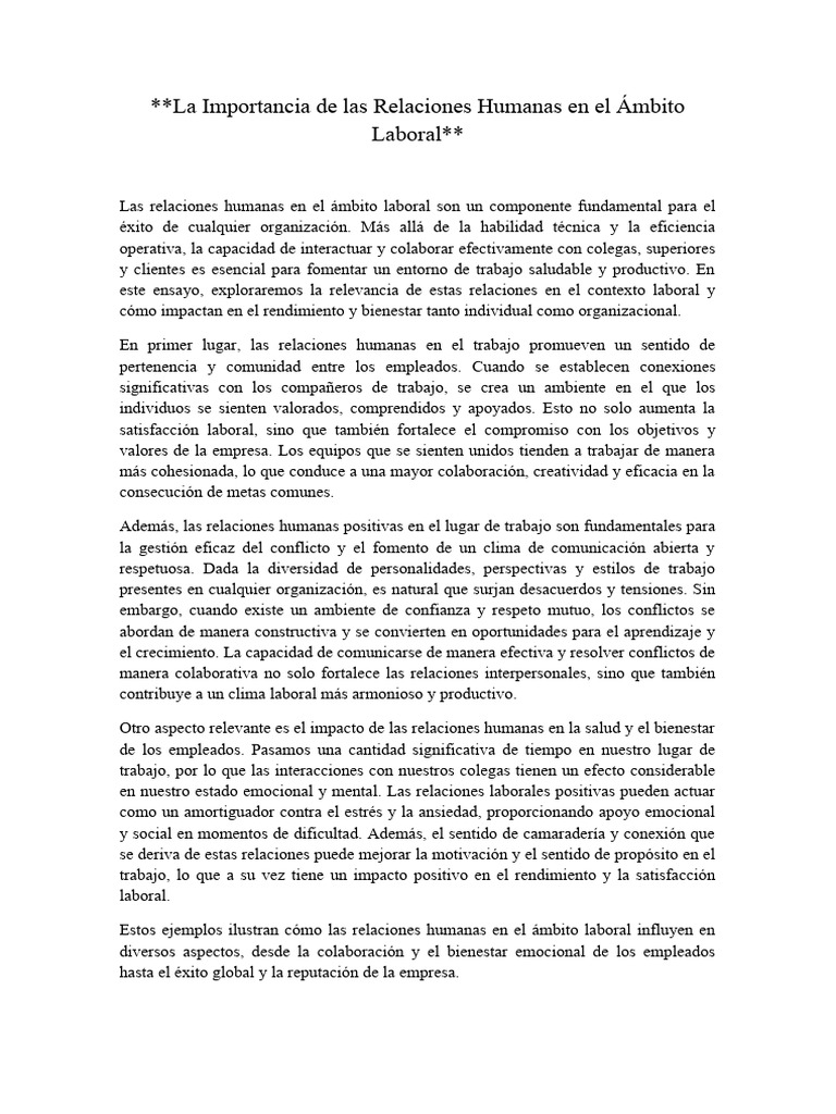 La Importancia de Las Relaciones Humanas en El Ámbito Laboral | PDF ...