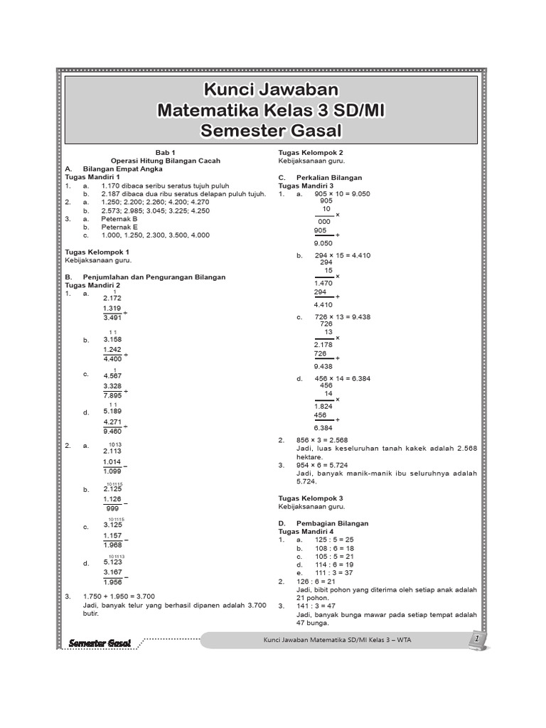 Kunci Jawaban Matematika Kelas 3 | PDF