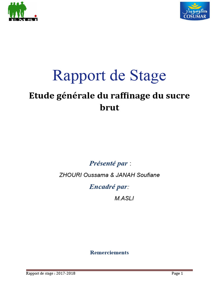 Rapport sur le Raffinage du Sucre à COSUMAR | PDF | Sucre | Régime et ...