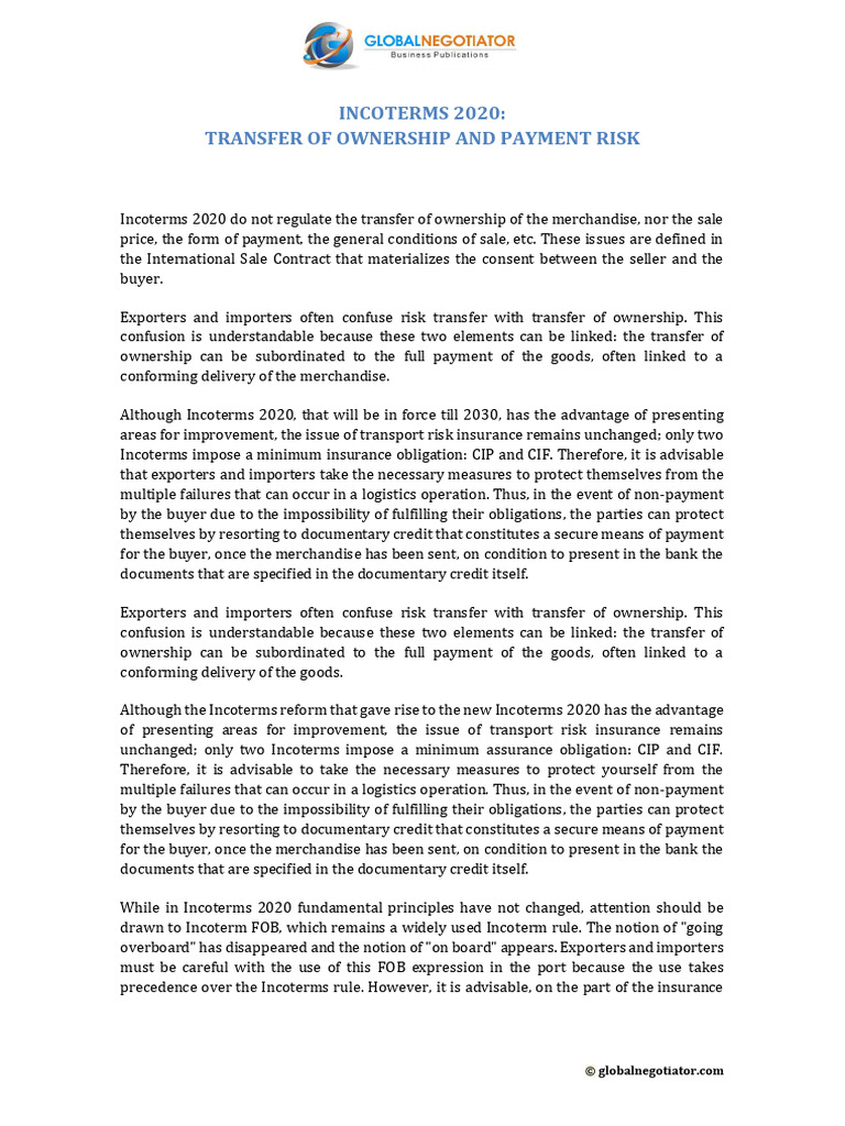 incoterms-transfer-ownership-risk | PDF | Letter Of Credit | Business