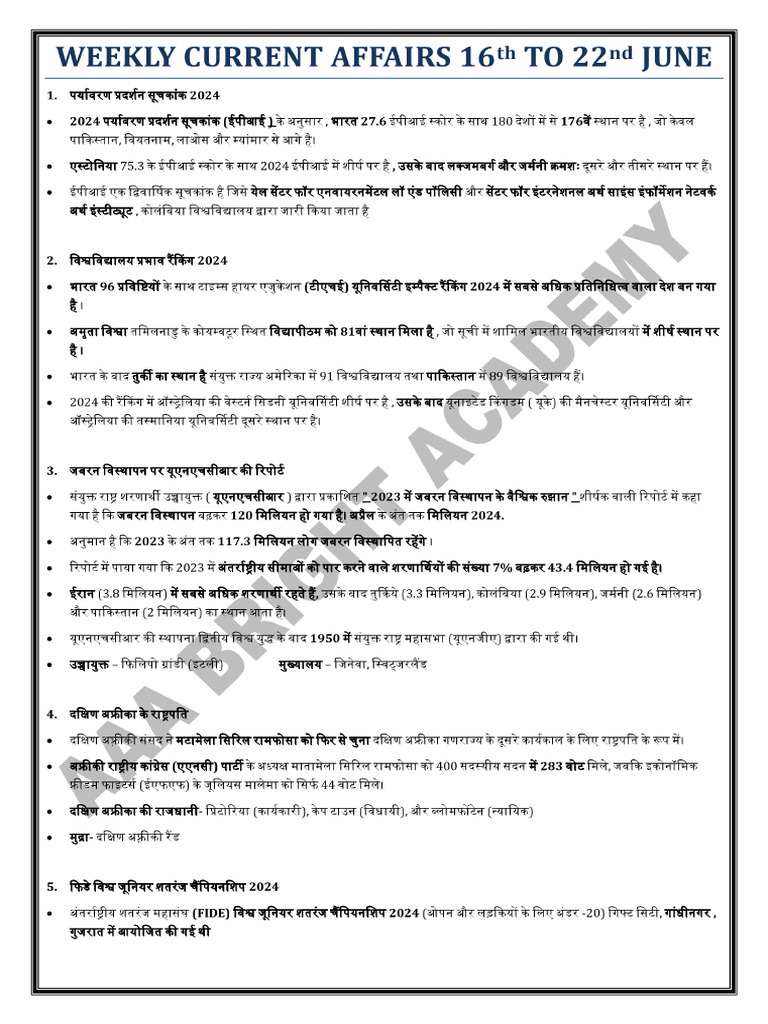WEEKLY CURRENT AFFAIRS 16th TO 22nd JUNE (Hindi) | PDF
