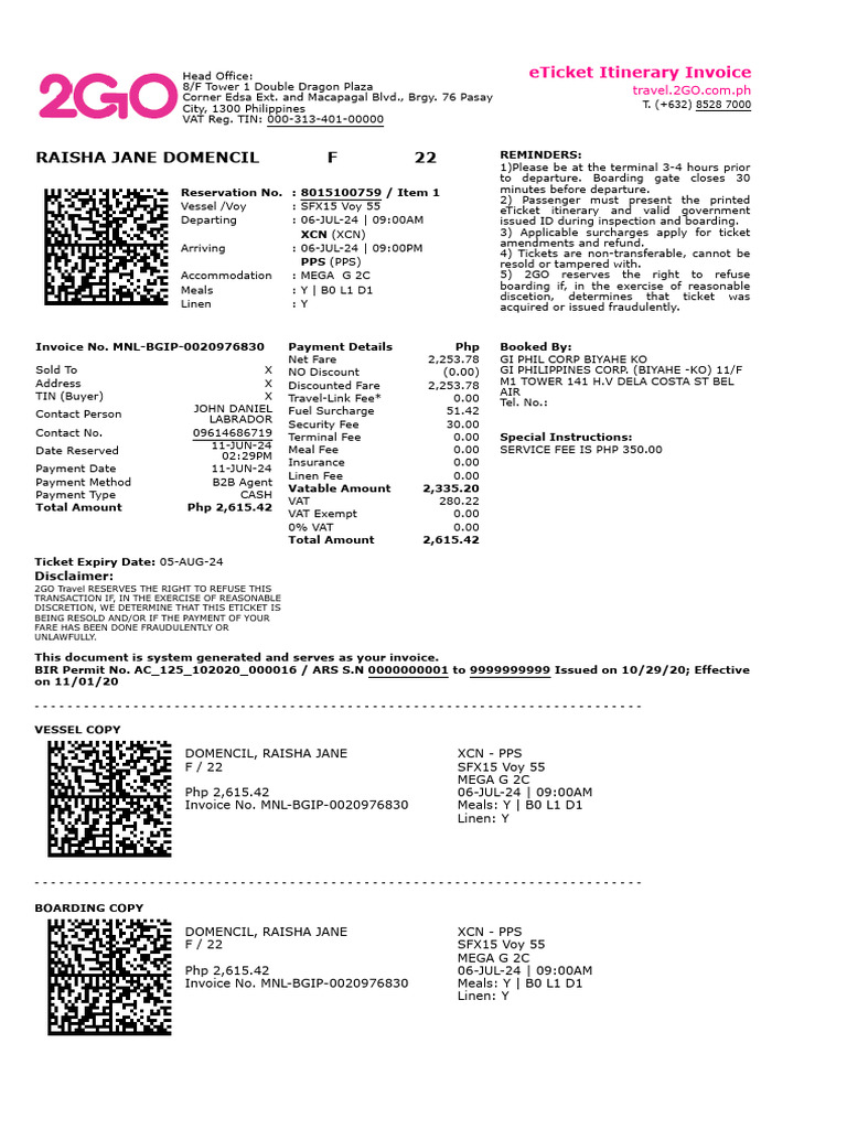 2GO Travel eTicket Invoice Details | PDF | Legal Liability | Indemnity