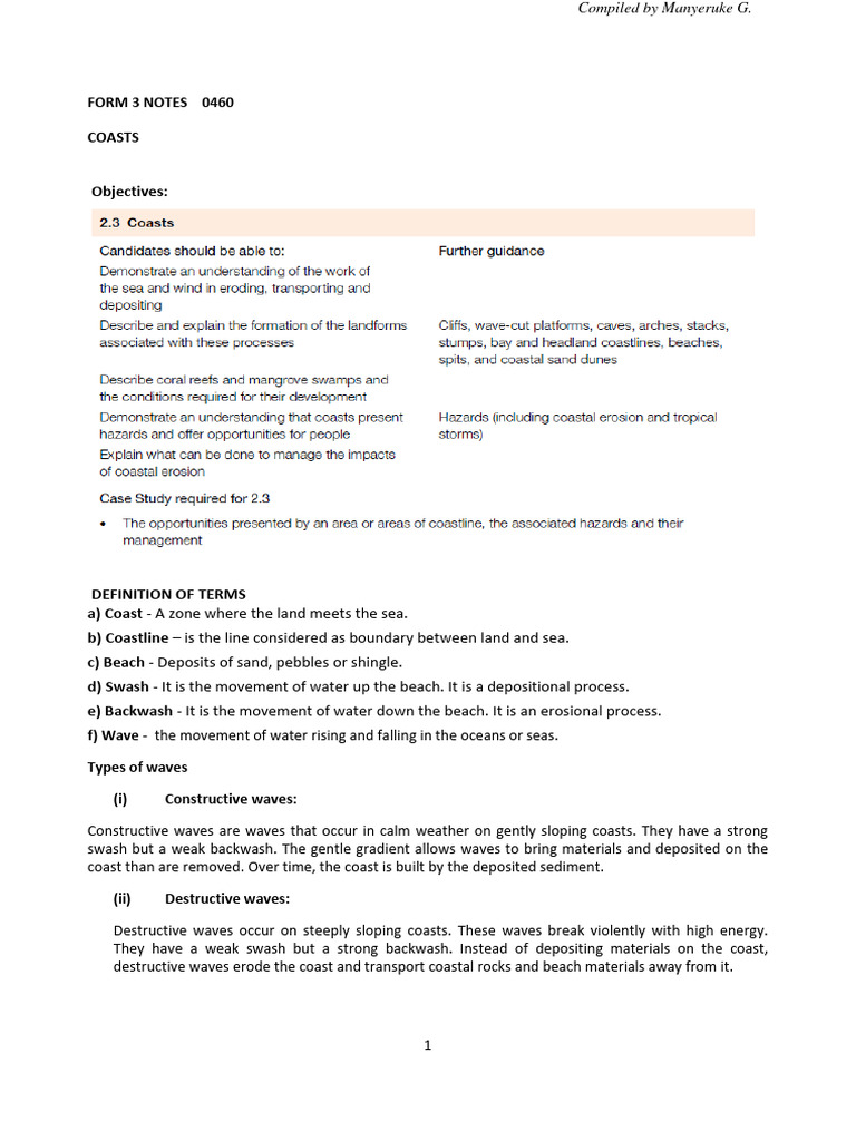 Form 3 Geography: Coastal Processes | PDF | Coast | Beach