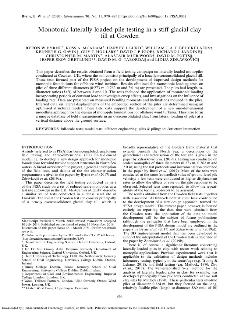 Byrne Et Al. 2020 Monotonic Laterally Loaded Pile Testing in a