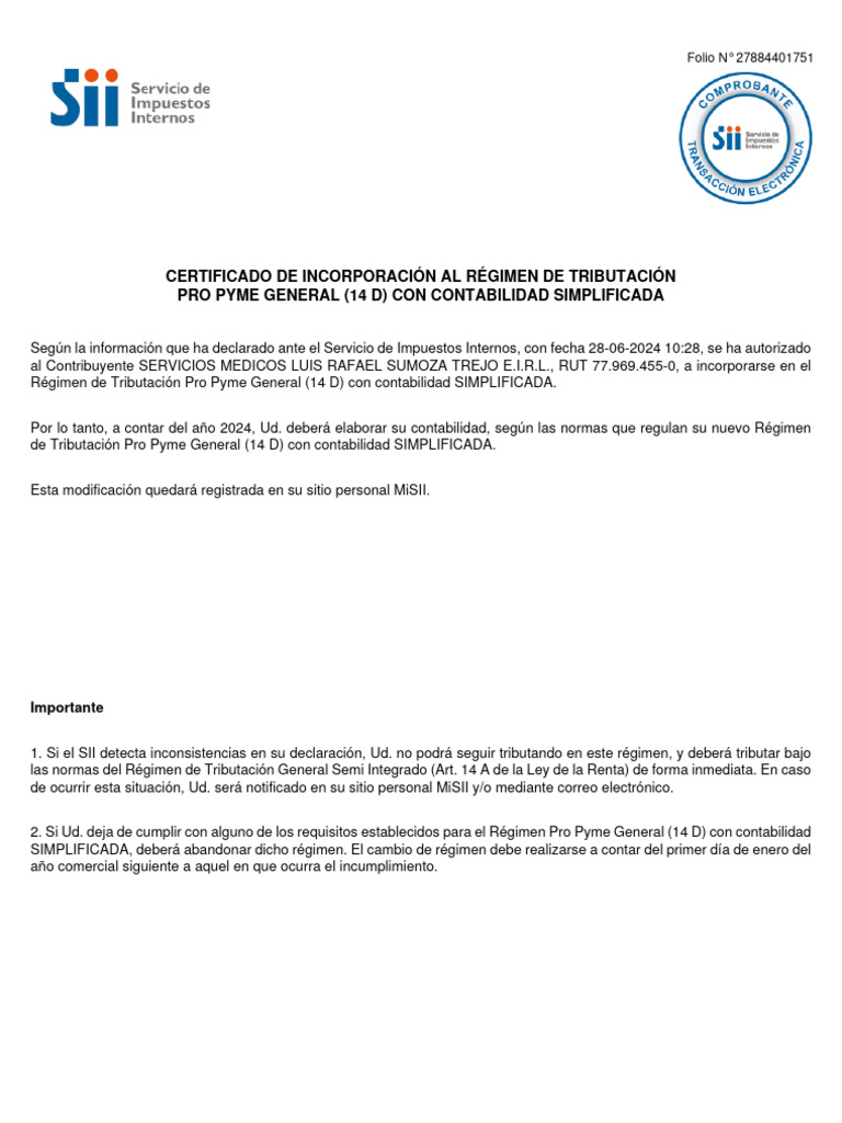 Certificado de Régimen Pro Pyme 2024 | PDF