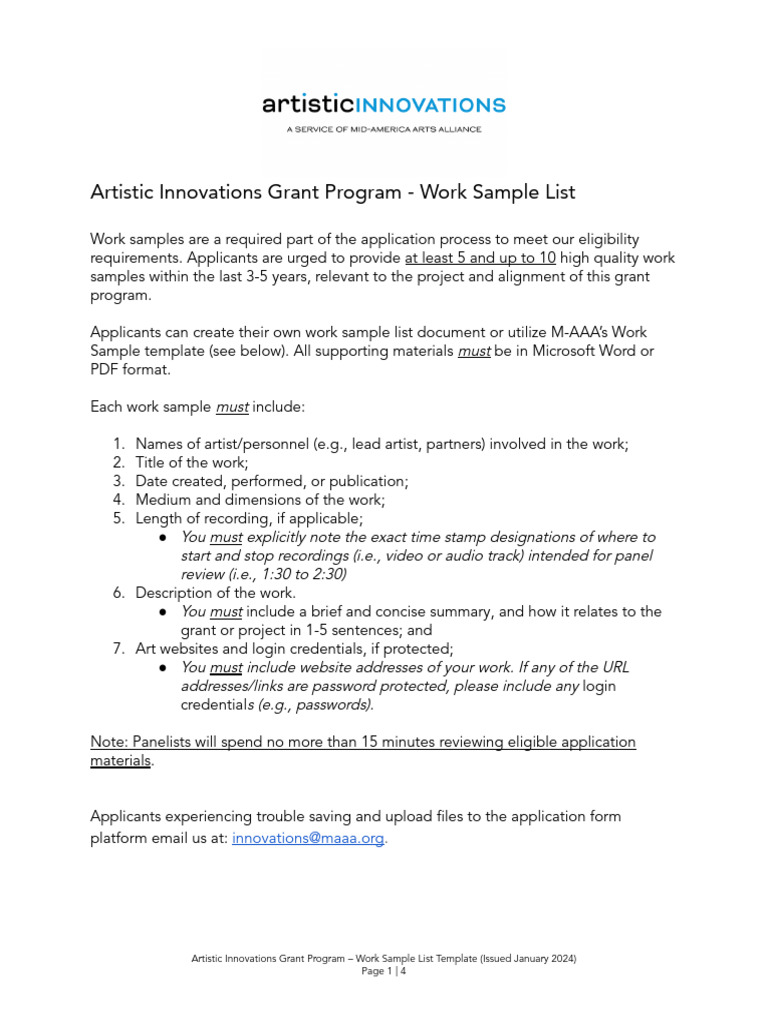 Artistic innovations work sample list template pdf world wide web