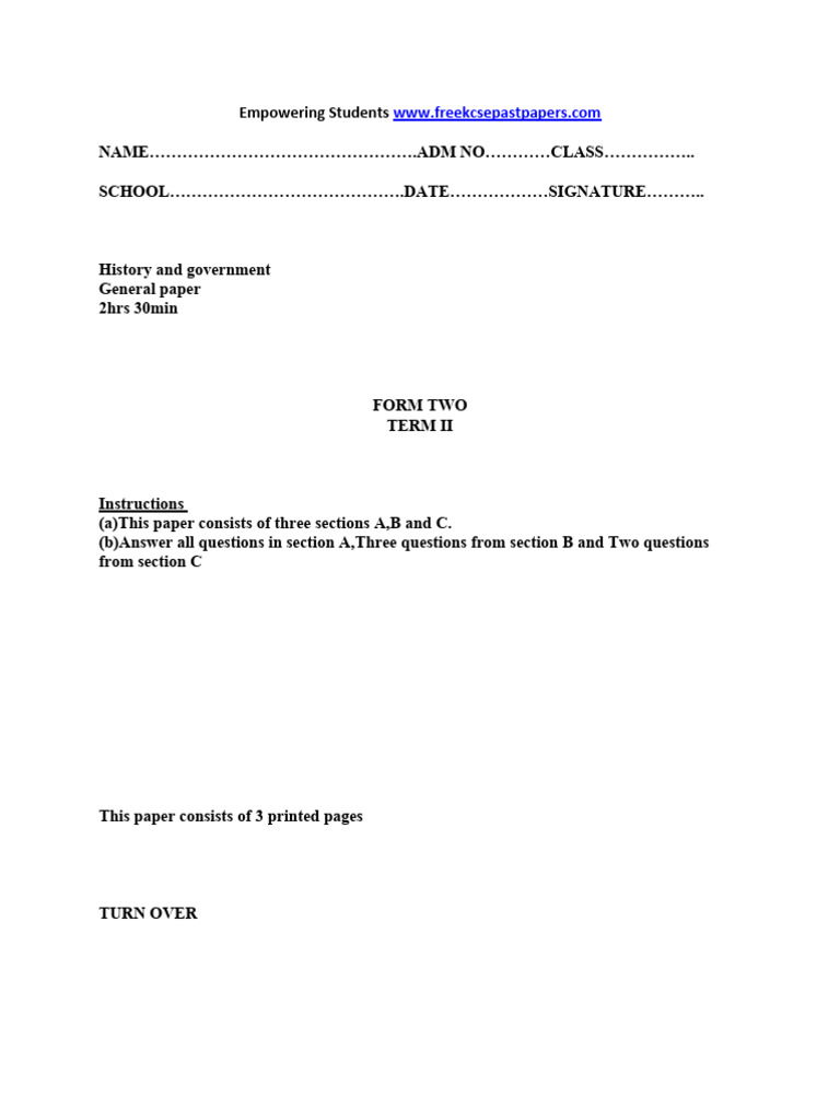Form Two History Exam Questions Term II | PDF | Europe | Africa