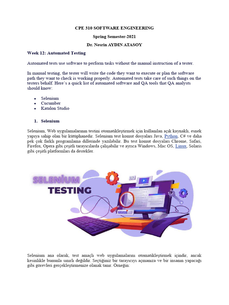 CPE 310 SOFTWARE ENGINEERING - Week - 13 - Automated Testing | PDF
