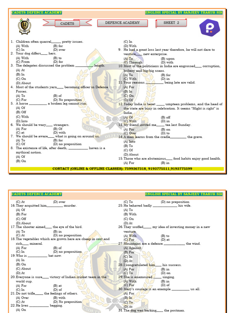 Preposition Exercises by Sanjeev Thakur | PDF