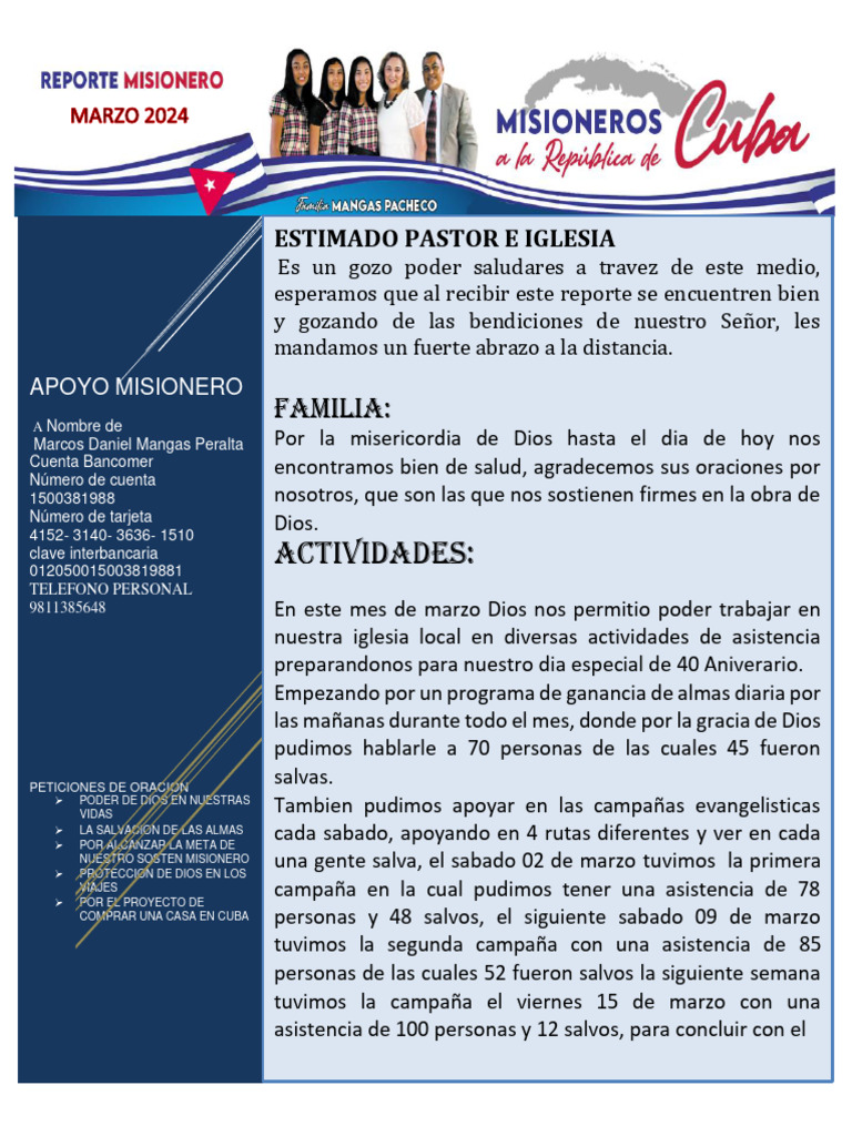 Reporte Misionero Marzo 2024 | PDF