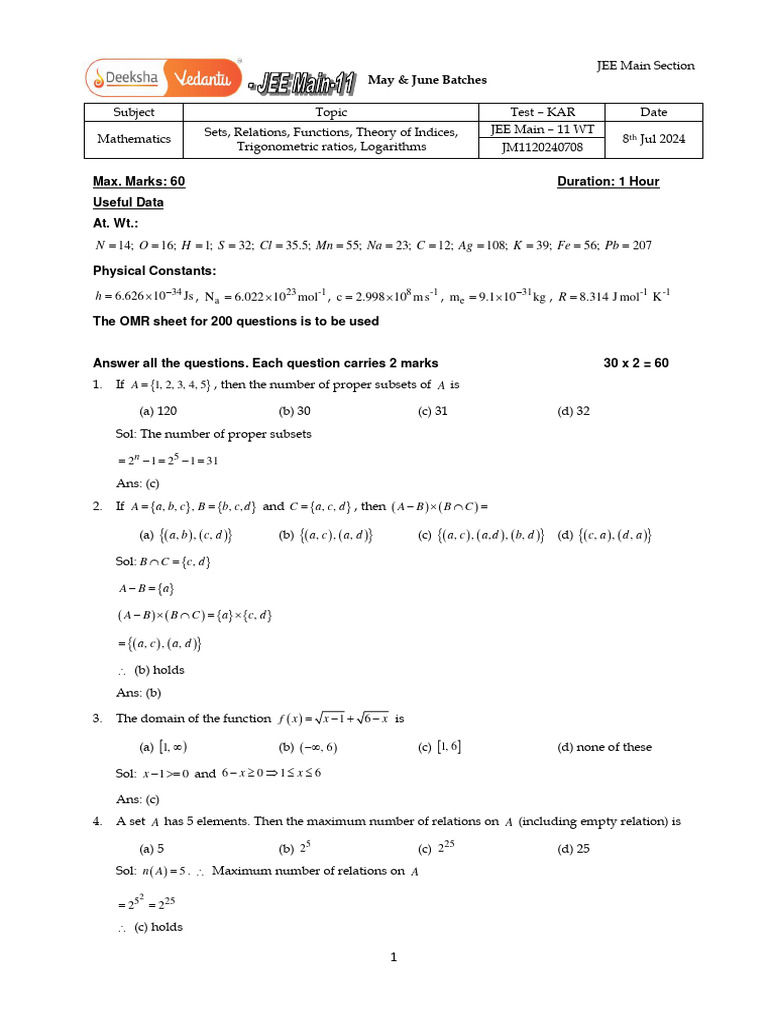 JEE Main Math Test: Sets, Functions, Trigonometry | PDF | Function ...