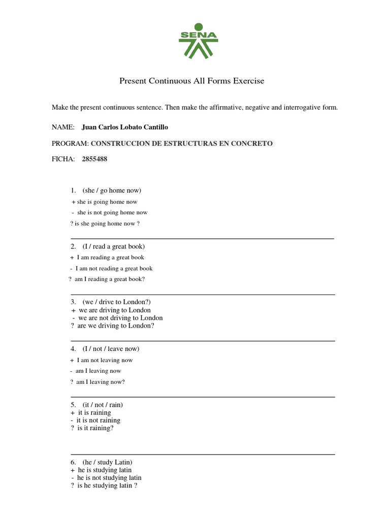 Present Continuous Tense Exercises | PDF