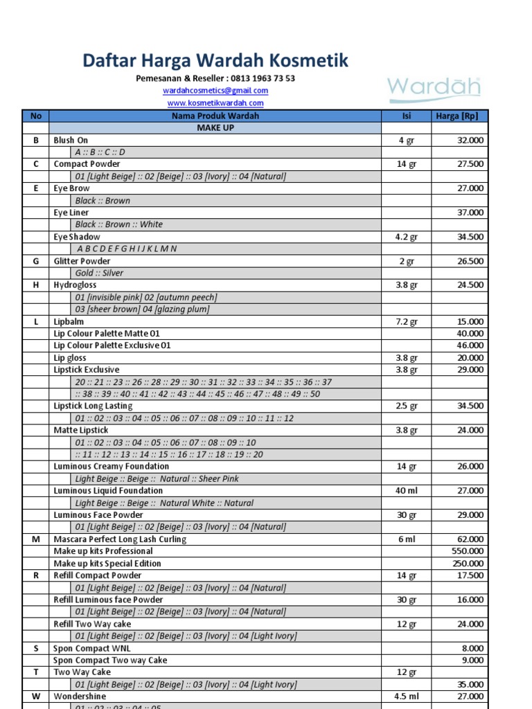  Daftar Harga  Wardah Kosmetik