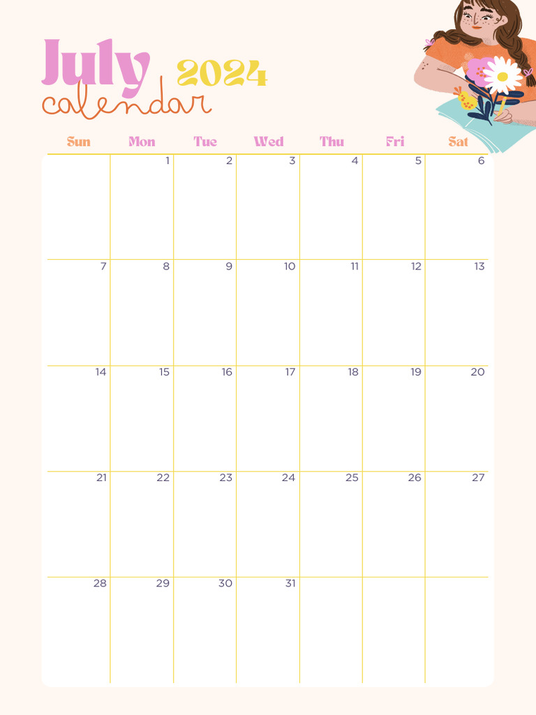 Free July Calendar Printable 24 Cute Designs For July 2024