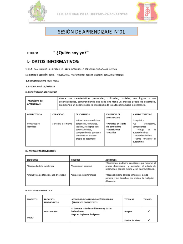 Sesión #01 Unidad 00 DPCC 2024 | PDF | Autoestima | Aprendizaje