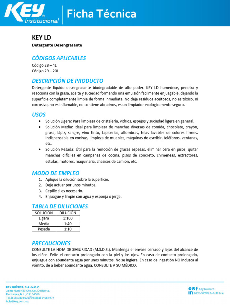 Hoja de Seguridad del Desengrasante KEY LD | PDF | Hogar, jardinería y ...
