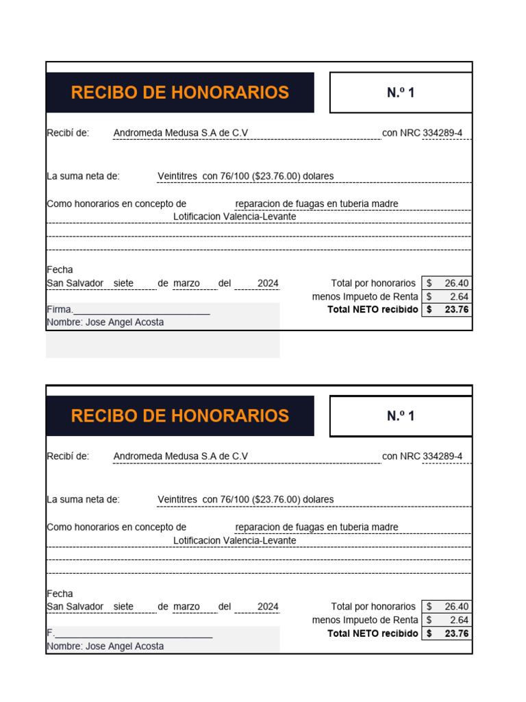Modelo Recibo de Pago Honorarios | PDF
