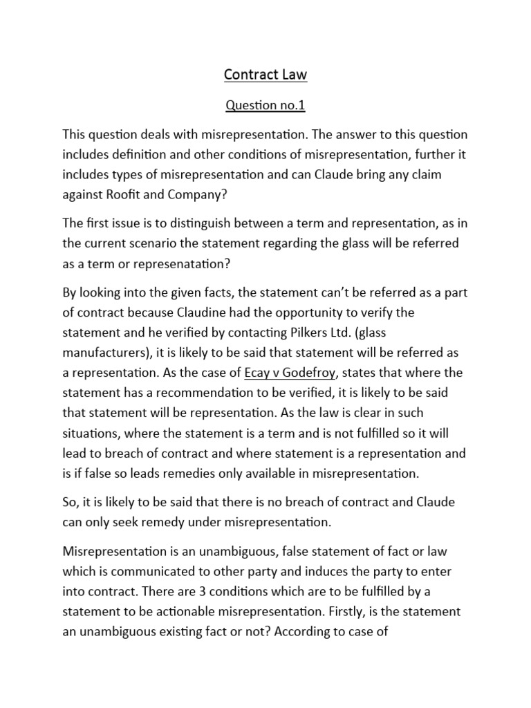 Misrepresentation in Contract Law Explained | PDF | Misrepresentation ...