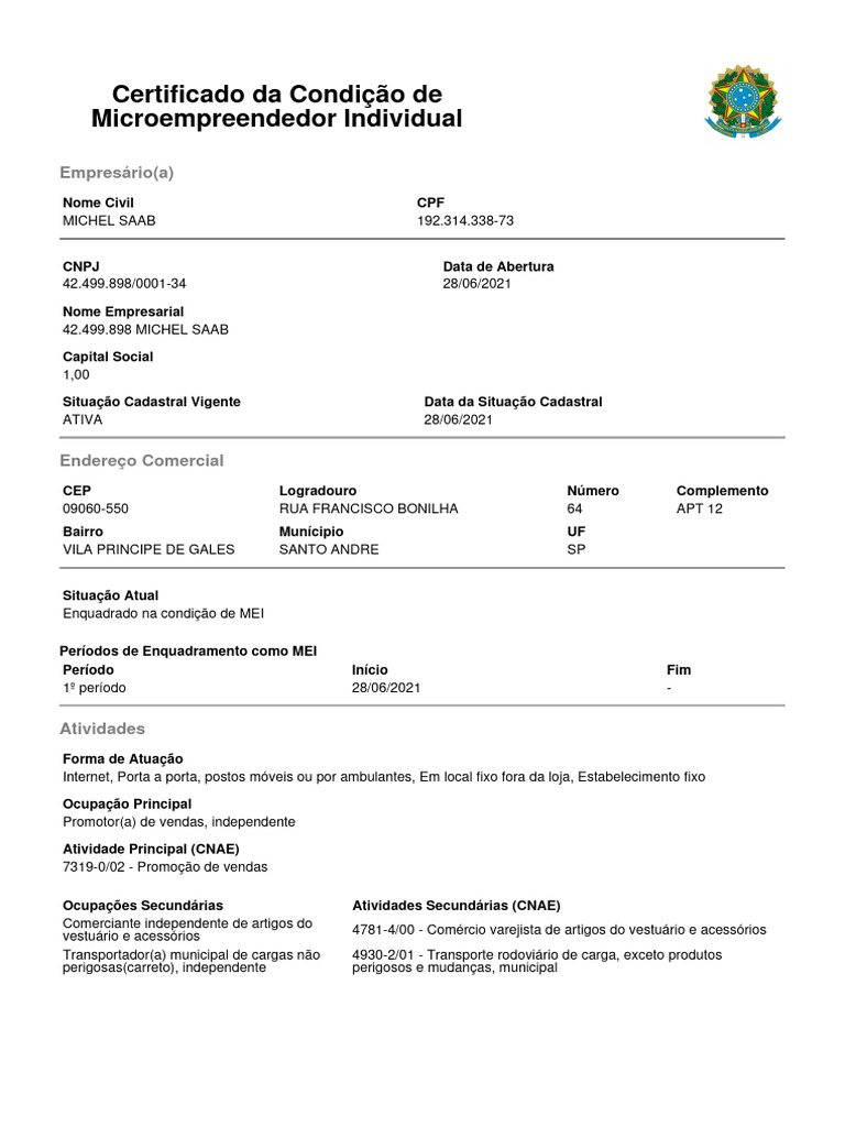 Certificado de Microempreendedor Individual | PDF