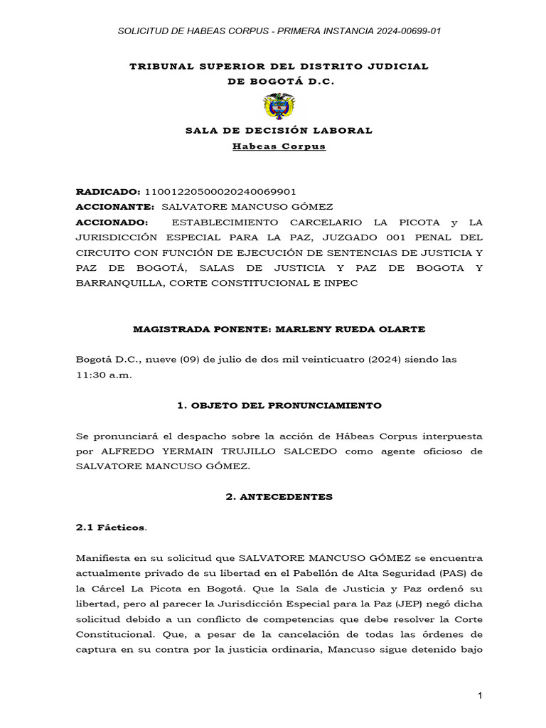 Solicitud de Hábeas Corpus Mancuso | PDF | Habeas corpus | Judicaturas