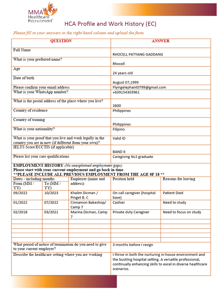 HCA Application Form | PDF | Dementia | Mental Health