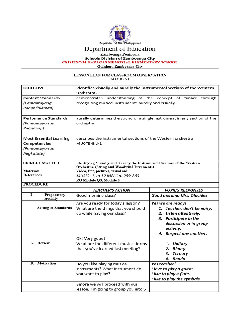 Classroom Observation Dlp-Music-Vi-Q3 | PDF | Woodwind Instruments ...