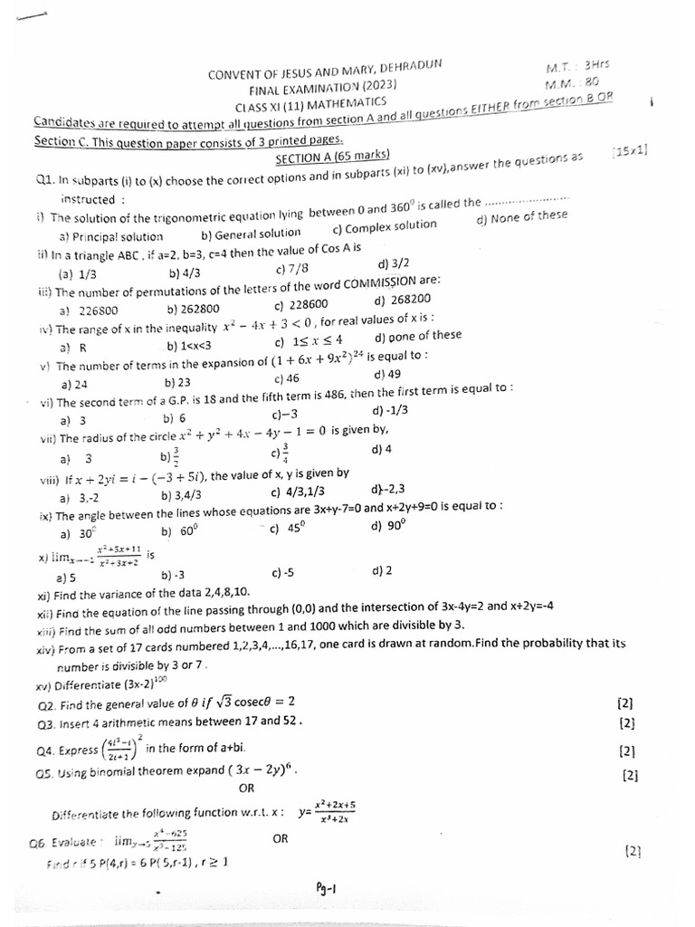 Cjm ft class xi maths paper 2023 pdf