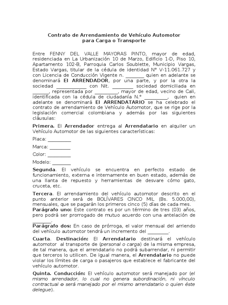Modelo Contrato de Arrendamiento de Vehiculo 1