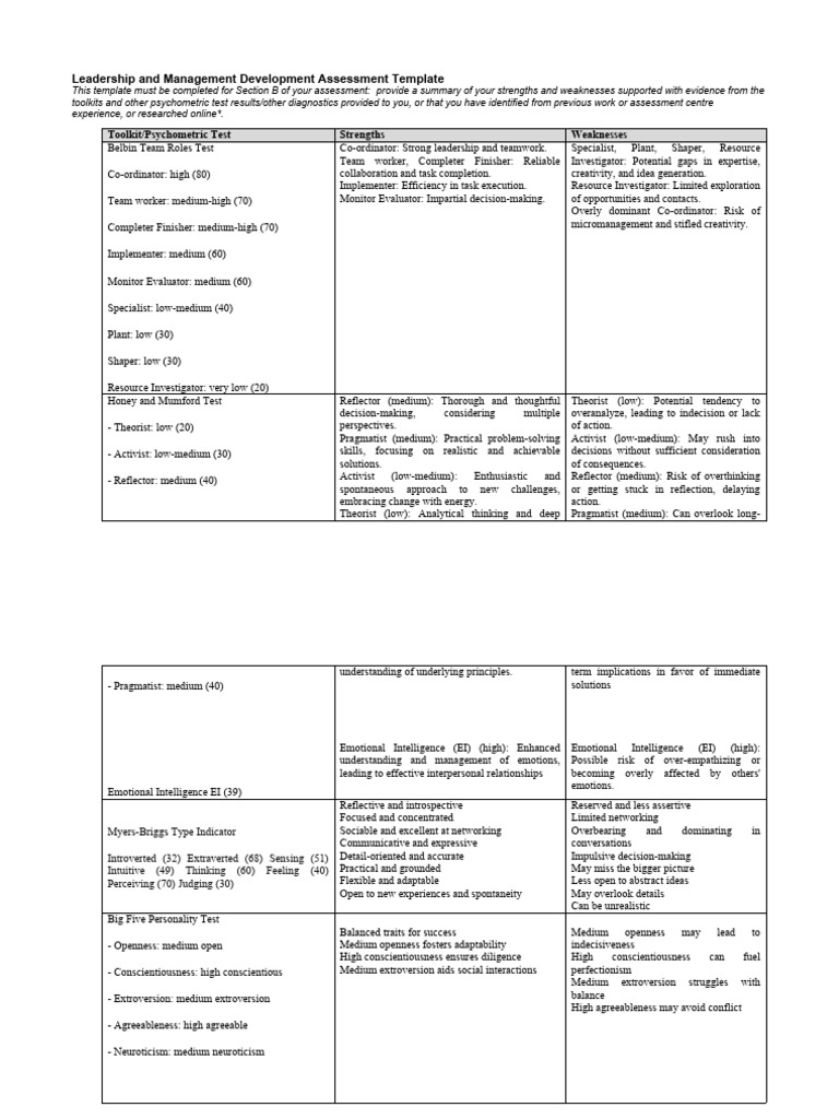 Leadership and Management Development Assessment Template | PDF ...