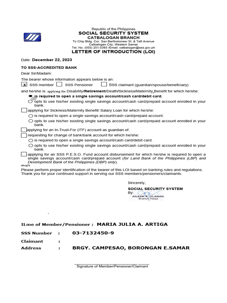 SSS Letter of Introduction for Benefits | PDF | Humanitarian Aid ...