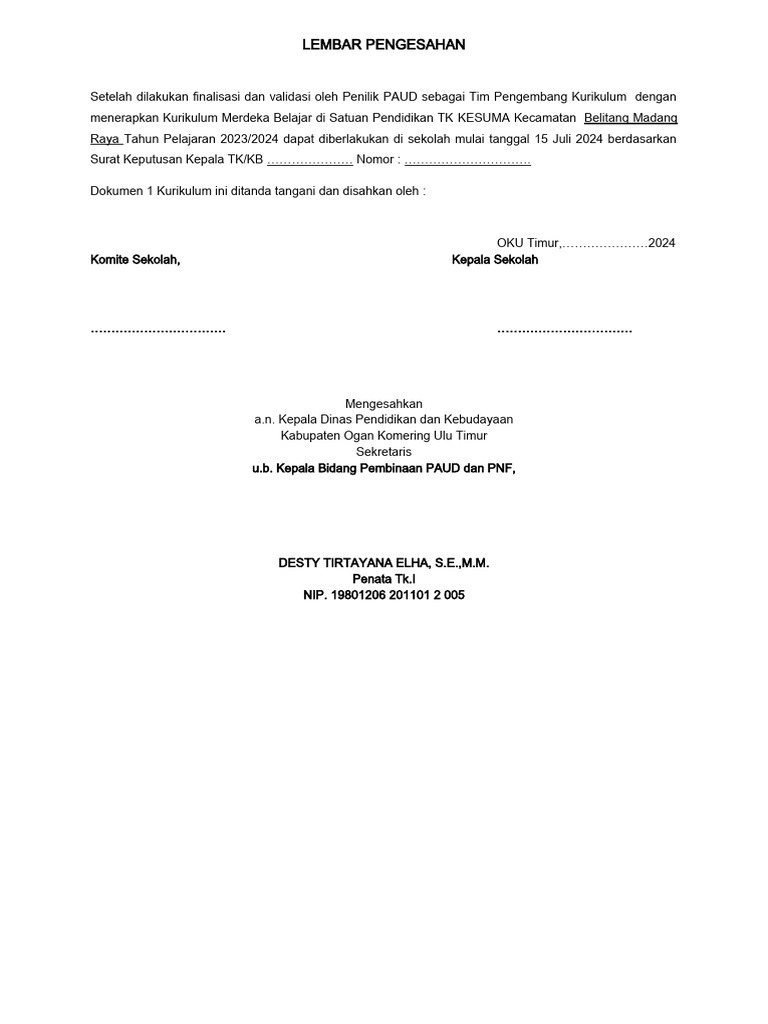 Lembar Pengesahan Kurikulum Merdeka | PDF